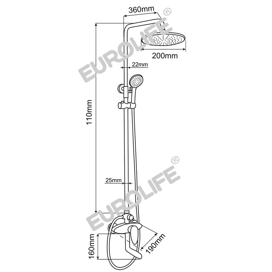 Bản vẽ kỹ thuật Sen cây tắm đứng nóng lạnh Eurolife EL-SC912 Đồng mạ Chrome
