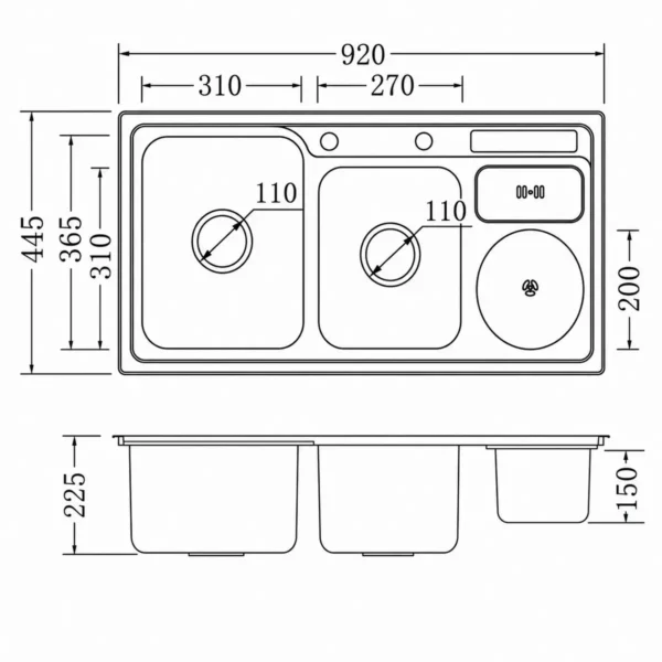 Bản vẽ cấu tạo chậu Eurolife EL-C9245 thể hiện hai hộc, hố rác và kích thước lắp đặt