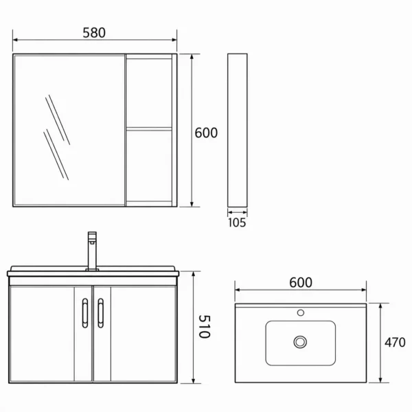 Bản vẽ kích thước bộ tủ lavabo Eurolife BLV-AL15 gồm tủ dưới 600 × 470 × 510 mm và tủ gương 580 × 105 × 600 mm.