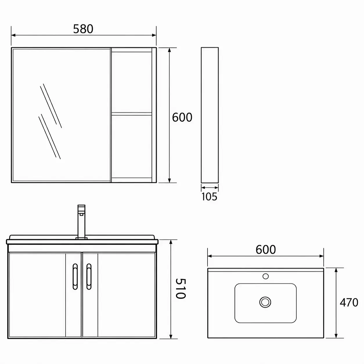 Bản vẽ kích thước bộ tủ lavabo Eurolife BLV-AL15 gồm tủ dưới 600 × 470 × 510 mm và tủ gương 580 × 105 × 600 mm.