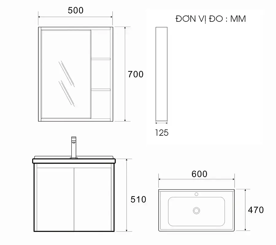Bản vẽ kích thước bộ tủ lavabo Eurolife BLV-IN04 thể hiện tủ gương 500 × 125 × 700mm, tủ dưới cao 510mm và chậu sứ liền mặt 600 × 470mm.