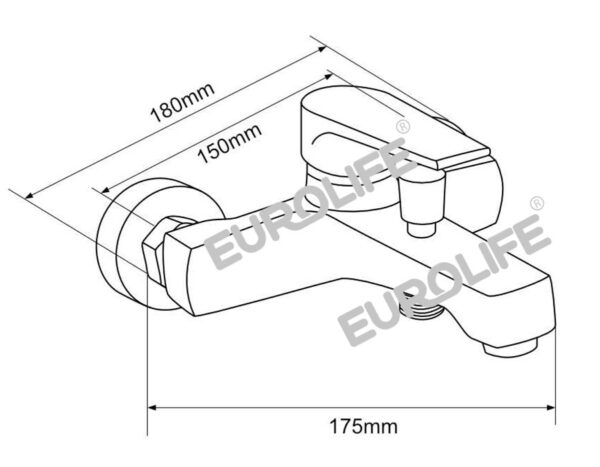 Bản vẽ kích thước củ sen nóng lạnh Eurolife EL-JAS 01, thể hiện khoảng cách tâm chân sen 150mm, chiều ngang 180mm và chiều dài thân xả khoảng 175mm.