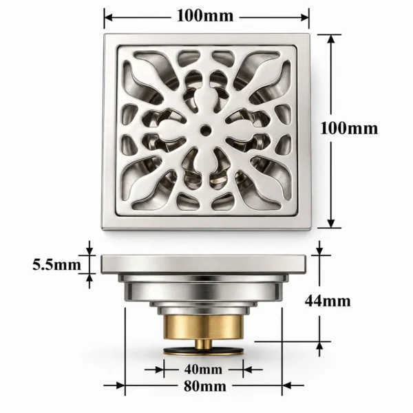 Bản vẽ kích thước phễu thu sàn Eurolife EL-HG06 mặt 100x100 mm cao 44 mm dày 5,5 mm