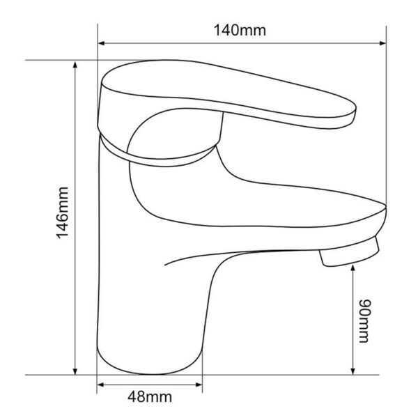 Hình ảnh bản vẽ kích thước vòi lavabo nóng lạnh Eurolife EL-LOT 02, thể hiện chiều dài 140mm, chiều cao 146mm và khoảng cách đầu vòi 90mm.