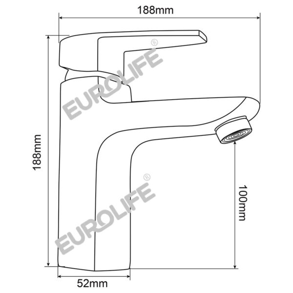 Bản vẽ kích thước vòi lavabo nóng lạnh Eurolife EL-SUN 02 với chiều cao 188mm, chiều dài tay gạt 188mm, thân đế 52mm và chiều cao đầu xả 100mm.