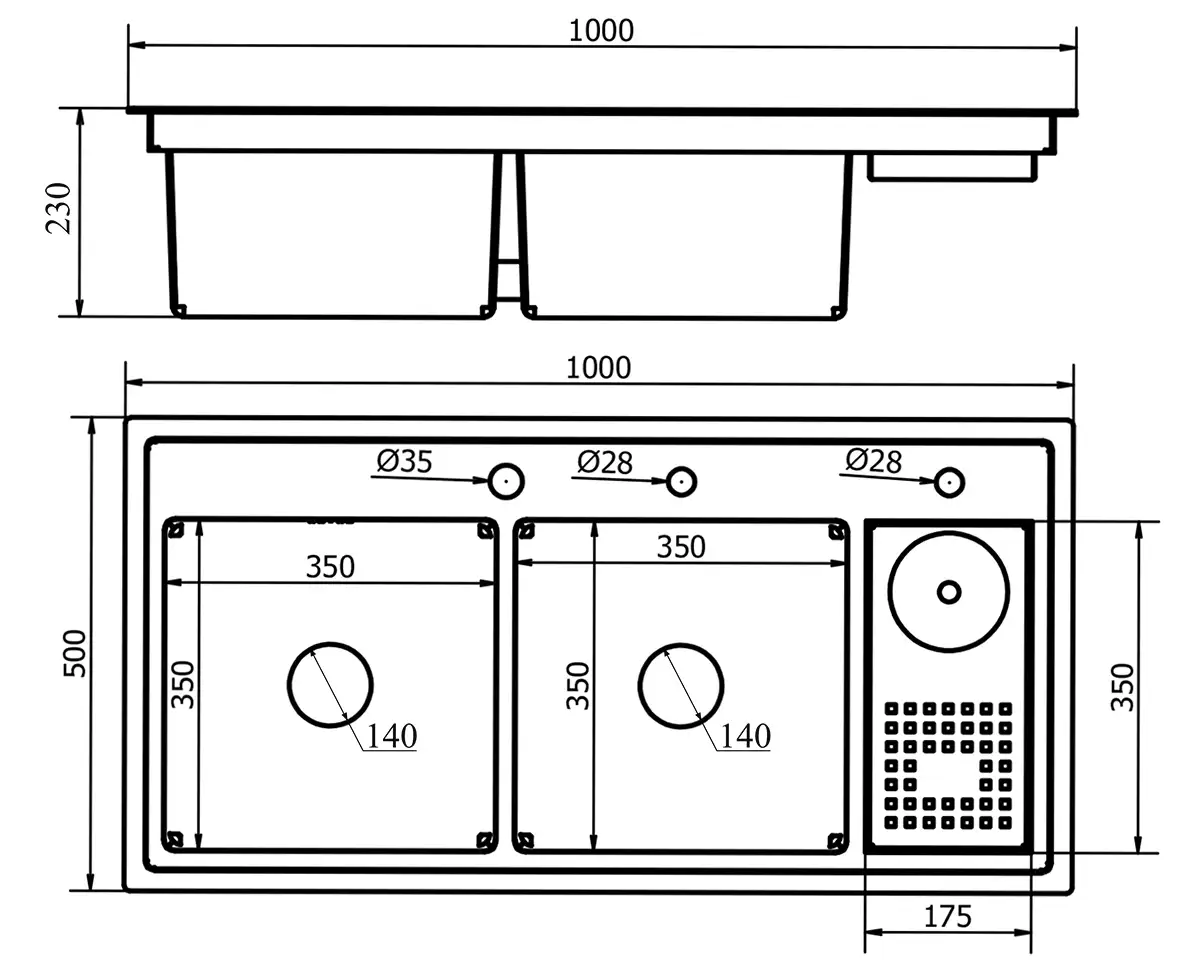 Bản vẽ kỹ thuật chậu đúc Inox 304 Eurolife EL-LS10050 kích thước 1000 x 500 x 230 mm