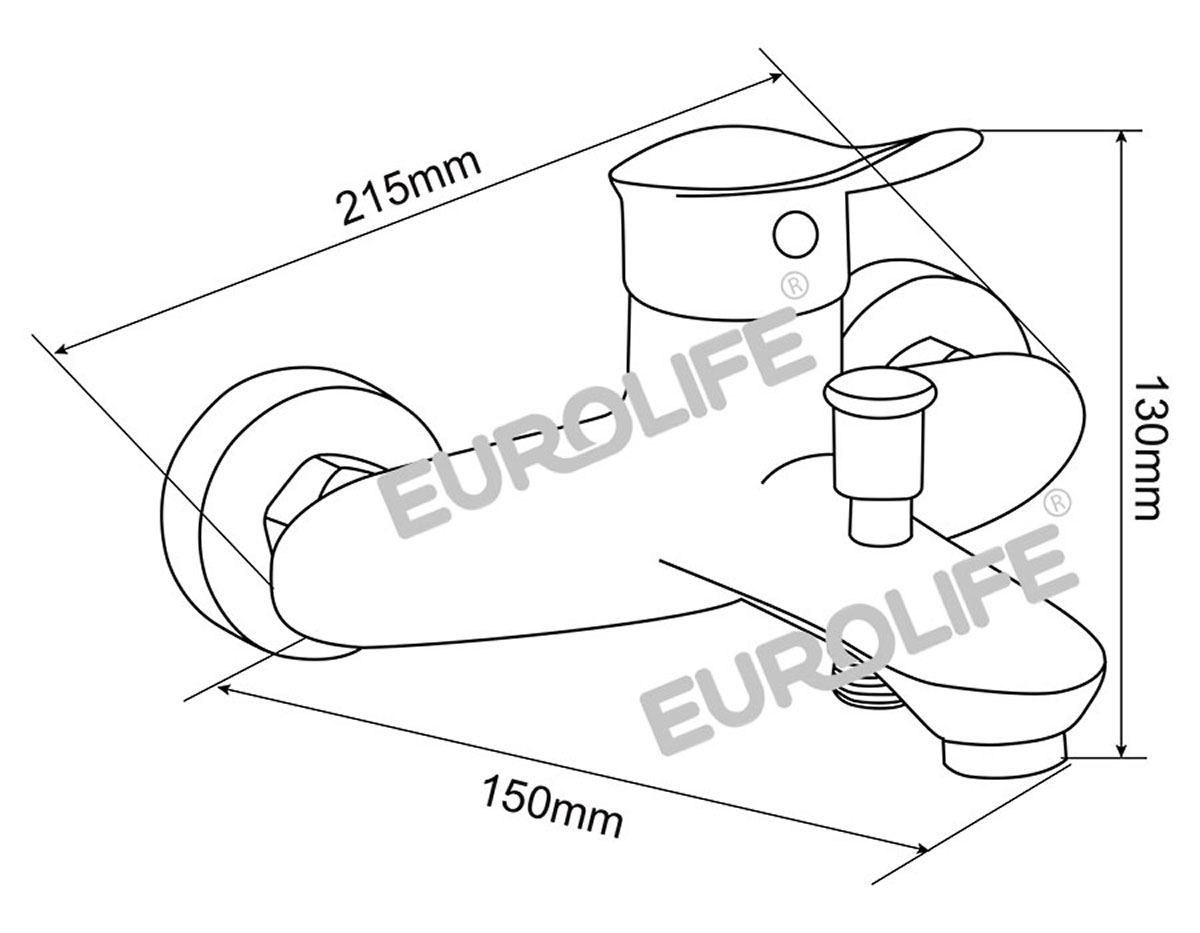 Bản vẽ kỹ thuật củ sen Eurolife EL-ORCHID 01 thể hiện kích thước tổng thể 215mm, chiều cao 130mm và khoảng cách tâm chân sen 150mm.