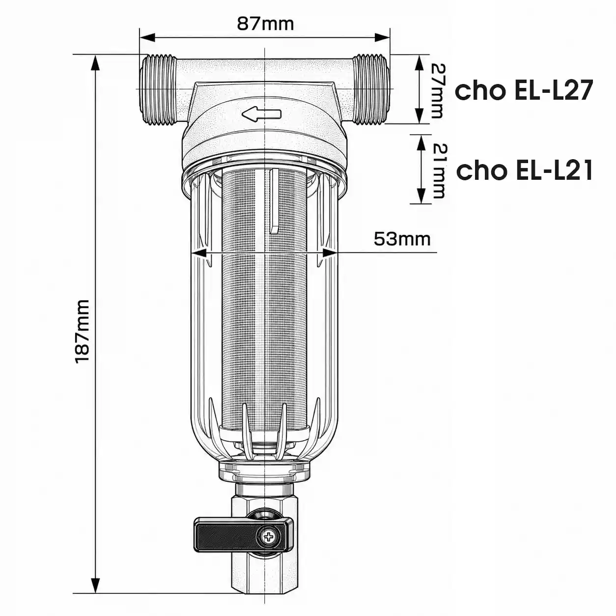 Bản vẽ kỹ thuật Eurolife EL-L21 EL-L27 kích thước 187 x 87 x 53 mm và ren ngoài 21 mm 27 mm