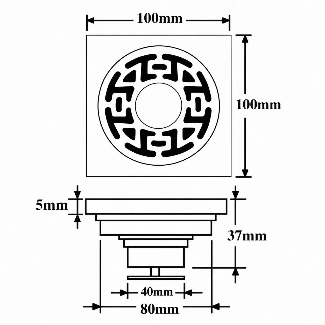 Bản vẽ kỹ thuật phễu thu sàn Eurolife EL-HG09 kích thước 100 × 100 mm, cao 37 mm, mặt dày 5 mm