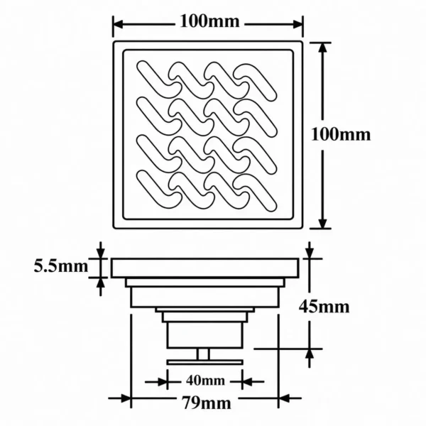 Bản vẽ kỹ thuật phễu thu sàn Eurolife EL-HG07 kích thước 100 × 100 mm, dày 5,5 mm và cao 45 mm