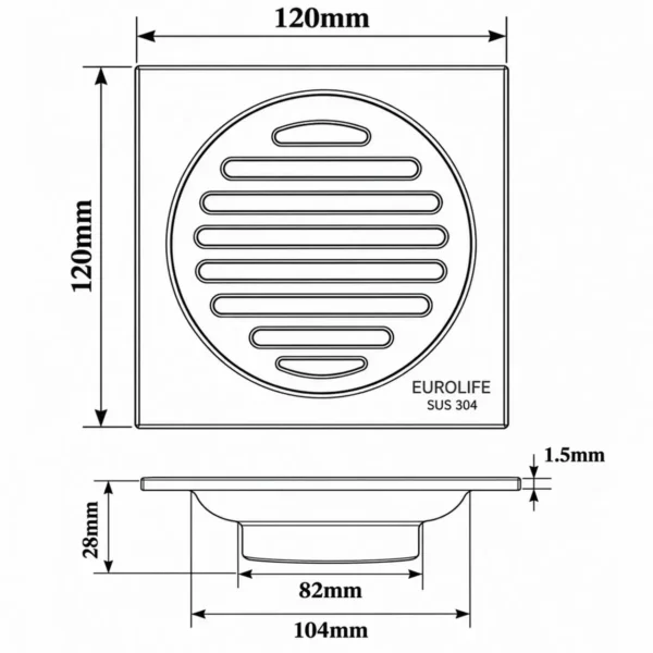 Bản vẽ kỹ thuật phễu thu sàn Eurolife EL-HG12 kích thước 120 × 120 mm, cao 28 mm, mặt dày 1,5 mm