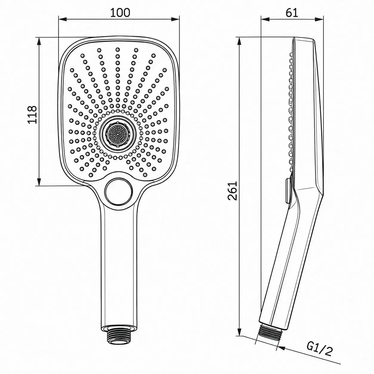 Bản vẽ kỹ thuật tay sen Eurolife EL-127SH-T với mặt sen 100 × 118 mm, dài 261 mm và kết nối G1/2
