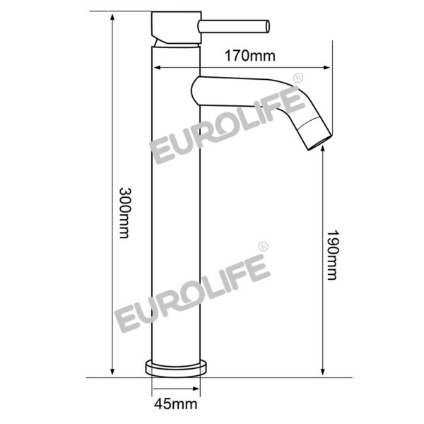 Bản vẽ kỹ thuật vòi lavabo nóng lạnh Eurolife EL-D22 với chiều cao 300mm, khoảng cách đầu vòi 170mm, phù hợp chậu lavabo đặt bàn.