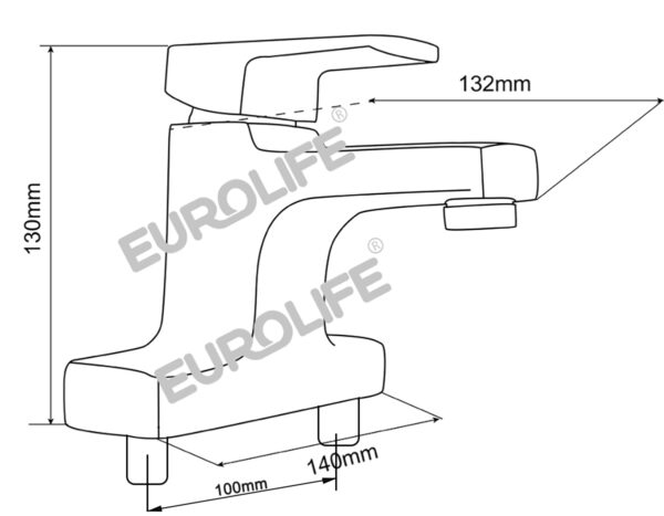 Bản vẽ kỹ thuật vòi lavabo nóng lạnh Eurolife EL-DAISY 03, thể hiện kích thước sản phẩm 130mm, chiều vươn vòi 132mm, khoảng cách chân kết nối 100mm và chiều dài thân 140mm, hỗ trợ kiểm tra thông số trước khi lắp đặt.