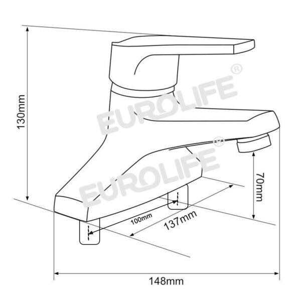 Bản vẽ kỹ thuật vòi lavabo nóng lạnh Eurolife EL-IRIS 03 thể hiện các kích thước quan trọng như chiều cao, chiều dài thân vòi, khoảng cách chân kết nối và đầu xả, hỗ trợ kiểm tra trước khi lắp đặt.