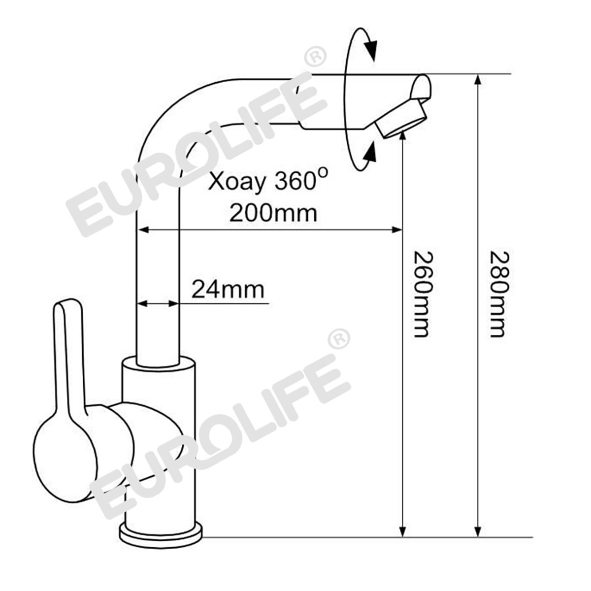 Bản vẽ kỹ thuật vòi rửa chén Eurolife EL-KM02 thể hiện kích thước lắp đặt, chiều cao vòi, tầm vươn cần vòi và khả năng xoay 360 độ, hỗ trợ người dùng tham khảo trước khi thi công.