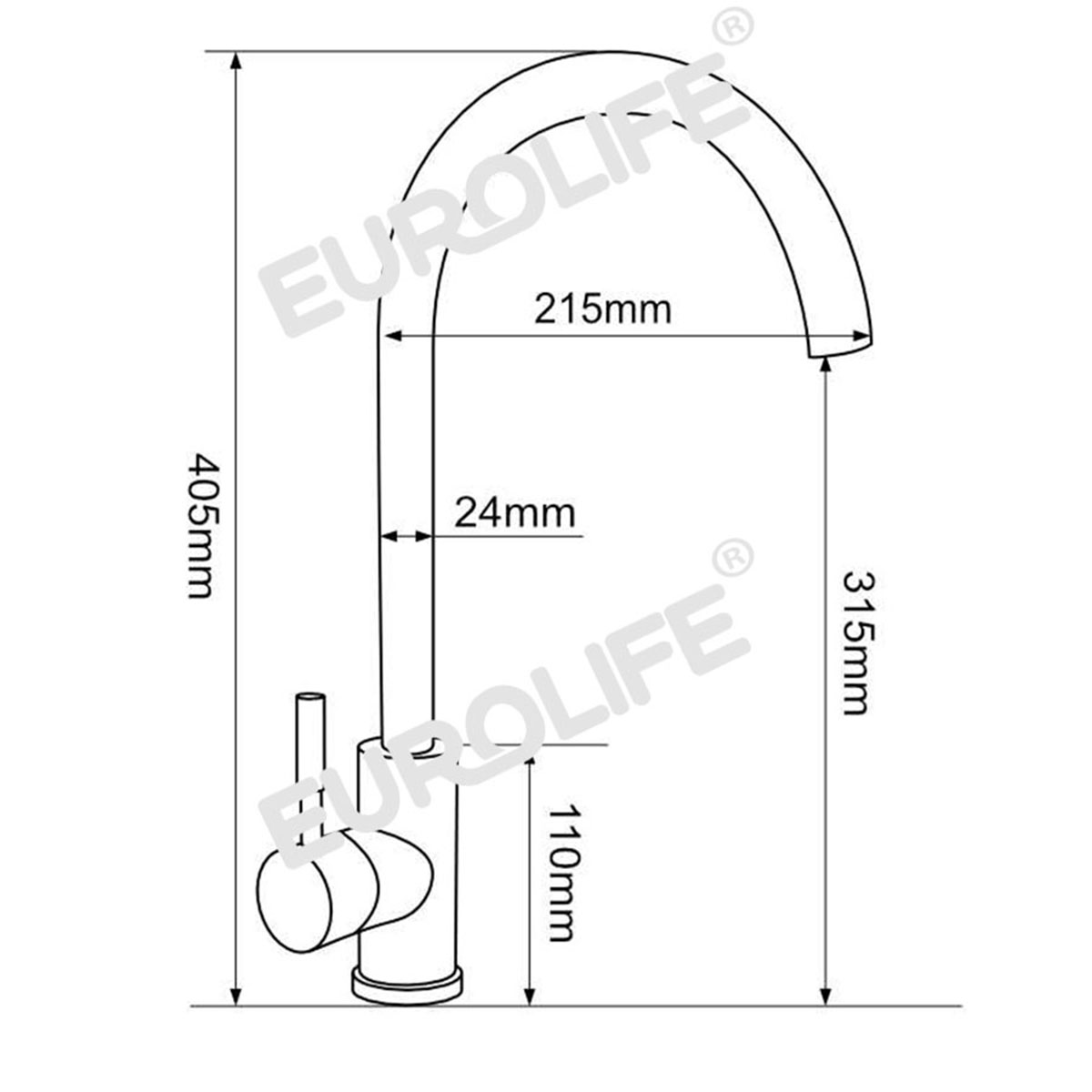 Bản vẽ kỹ thuật vòi rửa chén nóng lạnh Eurolife EL-KM09 thể hiện kích thước tổng thể, chiều cao thân vòi, khoảng vươn đầu vòi và thông số lắp đặt tham khảo.
