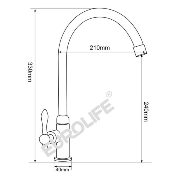 Bản vẽ kỹ thuật vòi rửa chén lạnh Eurolife EL-RC02 với kích thước tổng thể 330mm, chiều cao đầu vòi 240mm và tầm vươn 210mm.