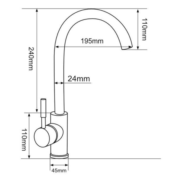 Bản vẽ kỹ thuật vòi rửa chén nóng lạnh Eurolife EL-KM01 thể hiện chiều cao 240mm, chiều ngang 195mm, đường kính ống 24mm và thân vòi 45mm.