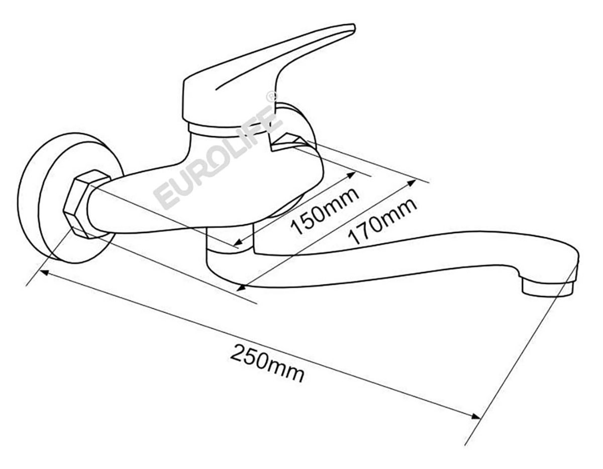 Bản vẽ kỹ thuật vòi rửa chén nóng lạnh Eurolife EL-T016AT thiết kế âm tường, thể hiện kích thước lắp đặt, chiều dài cần vòi và thông số tham khảo cho quá trình thi công.