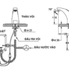 Bản vẽ lắp đặt vòi lavabo cảm ứng Eurolife EL-A100 thể hiện cấu tạo thân vòi, hộp kỹ thuật, đầu nước vào, đầu ra vòi và kích thước lắp đặt tham khảo.