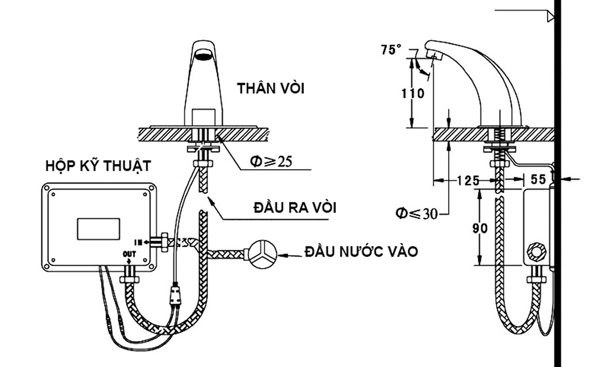 Bản vẽ lắp đặt vòi lavabo cảm ứng Eurolife EL-A100 thể hiện cấu tạo thân vòi, hộp kỹ thuật, đầu nước vào, đầu ra vòi và kích thước lắp đặt tham khảo.