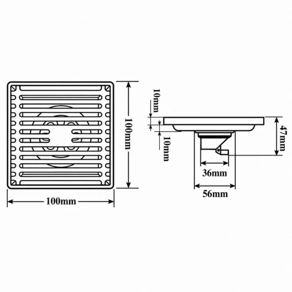 Bản vẽ phễu thu sàn inox 304 Eurolife EL-HG04 kích thước 100 × 100 mm, cao 47 mm, cấu tạo dưới 36 mm và 56 mm