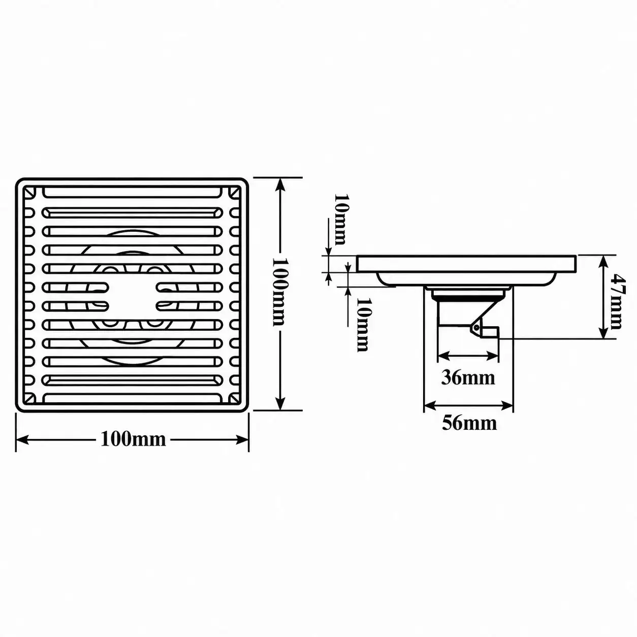 Bản vẽ phễu thu sàn inox 304 Eurolife EL-HG04 kích thước 100 × 100 mm, cao 47 mm, cấu tạo dưới 36 mm và 56 mm