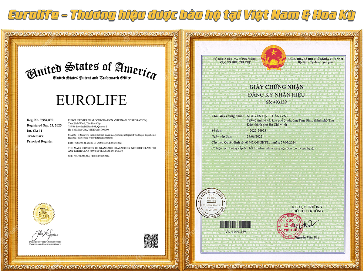 Thông tin bảo hộ thương hiệu Eurolife tại Việt Nam và Hoa Kỳ, góp phần khẳng định định hướng phát triển sản phẩm máy lọc nước đầu vòi Eurolife