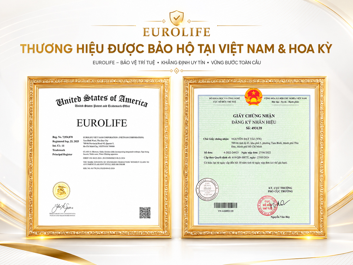 Hình ảnh chứng nhận bảo hộ thương hiệu Eurolife tại Việt Nam và Hoa Kỳ, góp phần khẳng định độ tin cậy thương hiệu cho sản phẩm dây cấp nước Eurolife