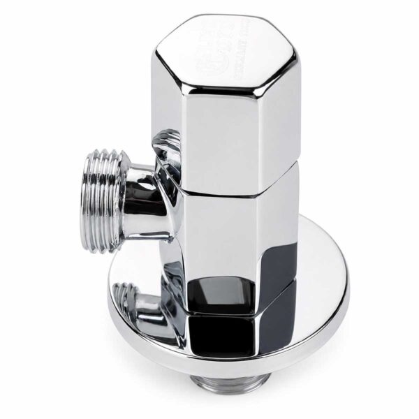 Bề mặt Chrome trắng bạc của van góc Eurolife EL-VG01 có độ hoàn thiện sáng bóng, làm nổi bật thiết kế thân van lục giác hiện đại.
