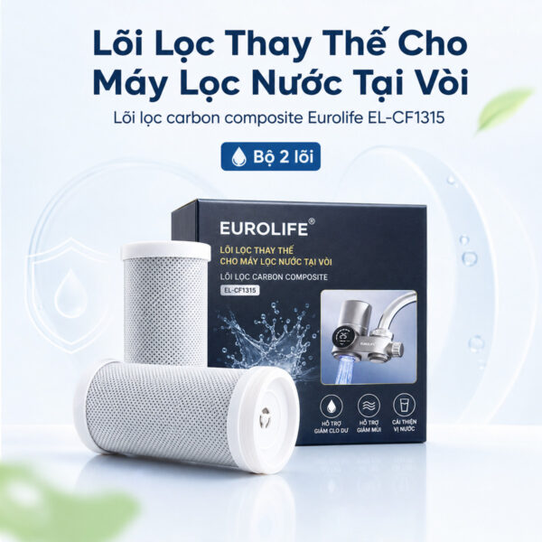 Hình ảnh bộ 2 lõi Carbon thay thế Eurolife EL-CF1315 cho máy lọc nước tại vòi, thể hiện quy cách sản phẩm và nhận diện thương hiệu Eurolife.