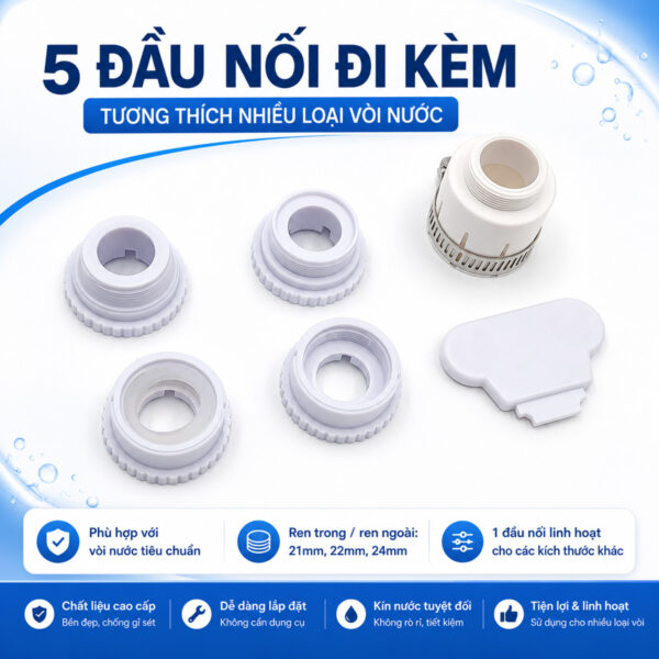 Hình ảnh bộ đầu nối chuyển đổi của máy lọc nước đầu vòi Eurolife EL-LS-D20, hỗ trợ khả năng tương thích với nhiều kiểu vòi nước phổ thông.