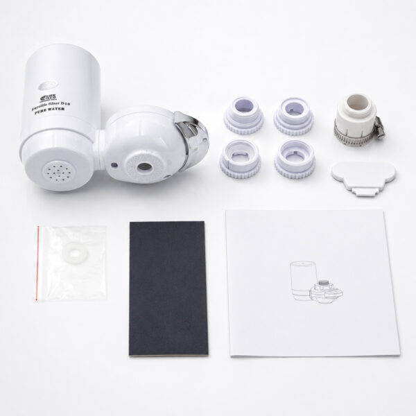 Hình ảnh bộ phụ kiện lắp đặt của máy lọc nước đầu vòi Eurolife EL-LS-D10 gồm thân máy, đầu nối chuyển đổi, khóa vặn, roong cao su dự phòng và hướng dẫn sử dụng.