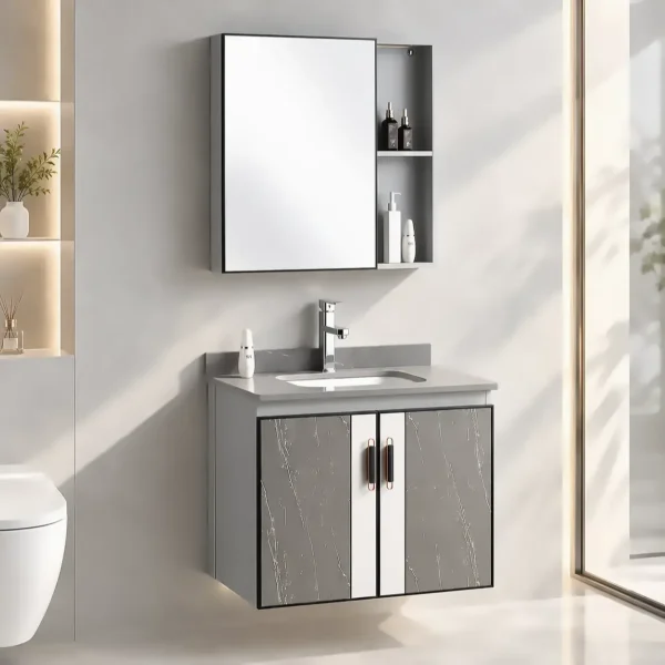 Bộ tủ lavabo Eurolife BLV-AL15 bằng nhôm Aluminium màu nâu nhạt vân đá, gồm tủ dưới treo tường 600 mm, mặt đá, chậu sứ âm và tủ gương.
