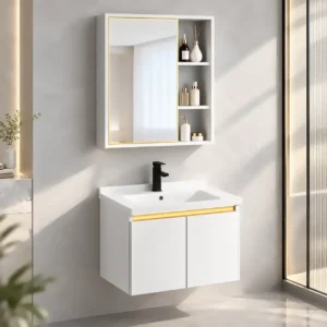 Bộ tủ lavabo Eurolife BLV-IN04 gồm thân tủ Inox SUS 304 sơn tĩnh điện trắng, chậu sứ liền mặt và tủ gương viền Gold có kệ mở bên phải.