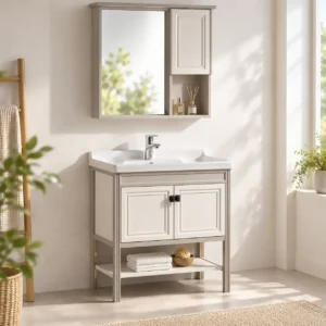 Bộ tủ lavabo Eurolife BLV-NC03 bằng PVC Carbon màu trắng vân gỗ nhạt, có chân và kệ mở, tủ gương kết hợp khoang chứa.