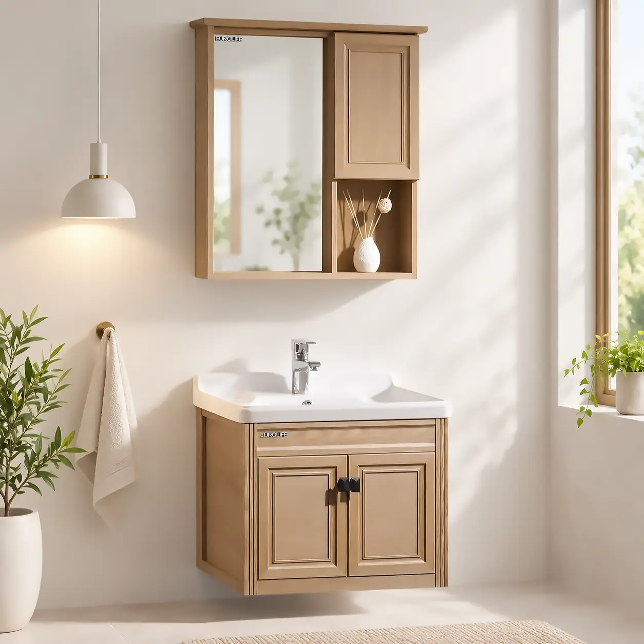 Bộ tủ lavabo Eurolife BLV-NC04 PVC Carbon giả gỗ nâu 600mm, tủ treo tường và tủ gương trong phòng tắm.