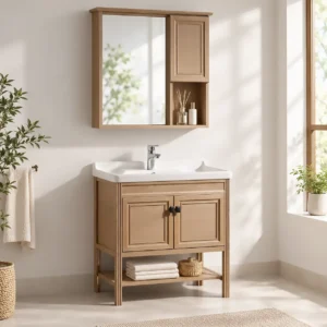 Bộ tủ lavabo Eurolife BLV-NC05 PVC Carbon nâu vân gỗ có chân, kệ mở, chậu sứ trắng và tủ gương