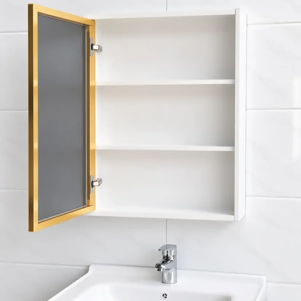 Cấu tạo tủ gương Eurolife BLV-IN04 với cánh gương viền Gold mở sang trái, hai bản lề và khoang chứa phía sau có hai đợt ngang.