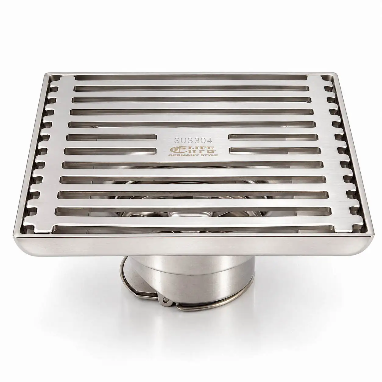 Cấu hình phễu thu sàn inox 304 Eurolife EL-HG04 với nắp nan song song và cụm thoát phía dưới