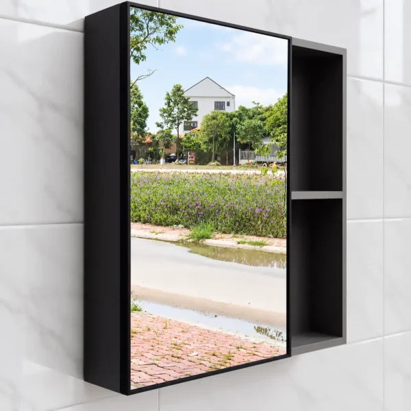 Tủ gương nhôm Aluminium Eurolife BLV-AL15 với cánh gương lớn bên trái và hệ kệ mở hai tầng bên phải.