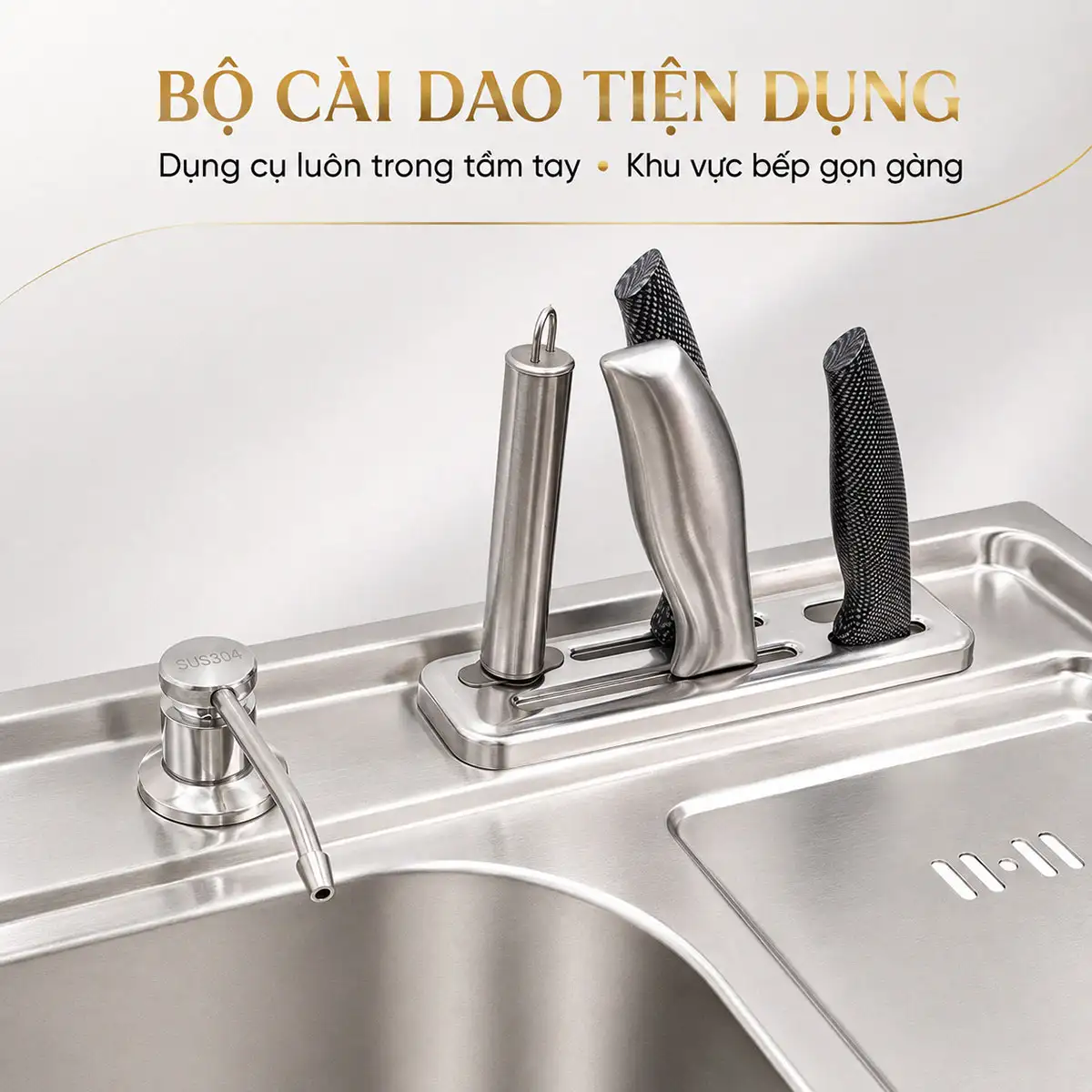 Chi tiết bộ cài dao tích hợp trên mặt chậu rửa chén Eurolife EL-C9245