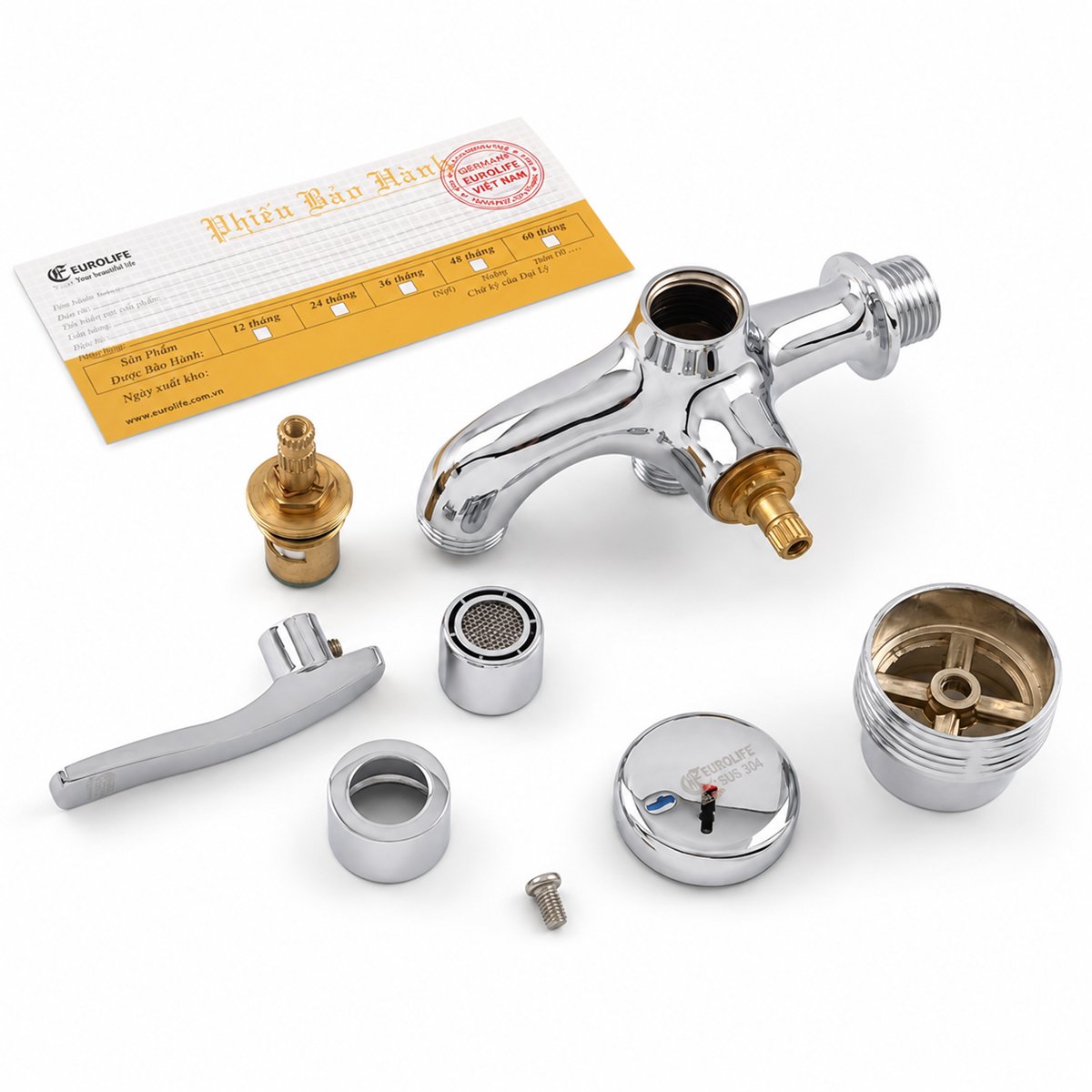 Cấu tạo tháo rời của củ sen lạnh Eurolife EL-SL112 gồm thân củ sen, cụm van, tay gạt, bộ phận chuyển hướng, đầu tạo bọt, nắp chụp và vít cố định.