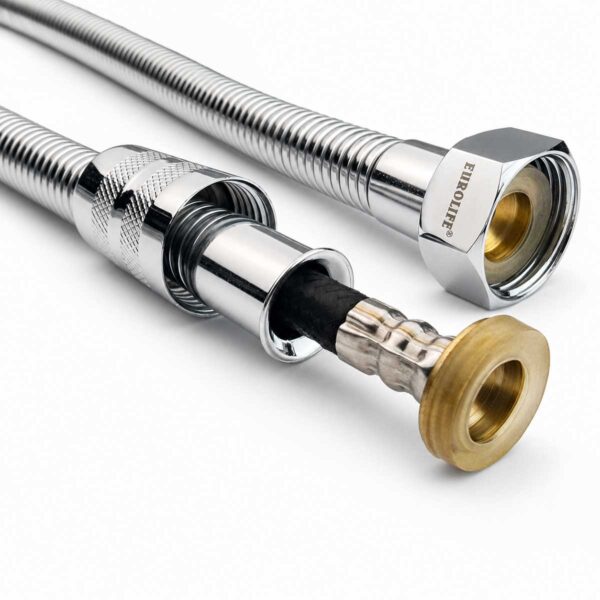 Cấu tạo đầu dây vòi xịt vệ sinh Eurolife EL-X12-T với đai bấm chắc chắn, ti đồng và lớp bố dù gia cường bên trong.