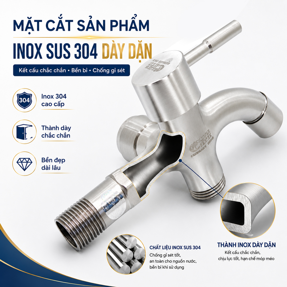 Mặt cắt thân sản phẩm Eurolife EL-SL108 cho thấy kết cấu Inox SUS 304 dày dặn và đường dẫn nước được bố trí bên trong thân củ sen. Hình ảnh giúp làm nổi bật chất liệu, độ bền và định hướng thiết kế chú trọng cấu trúc của Eurolife.
