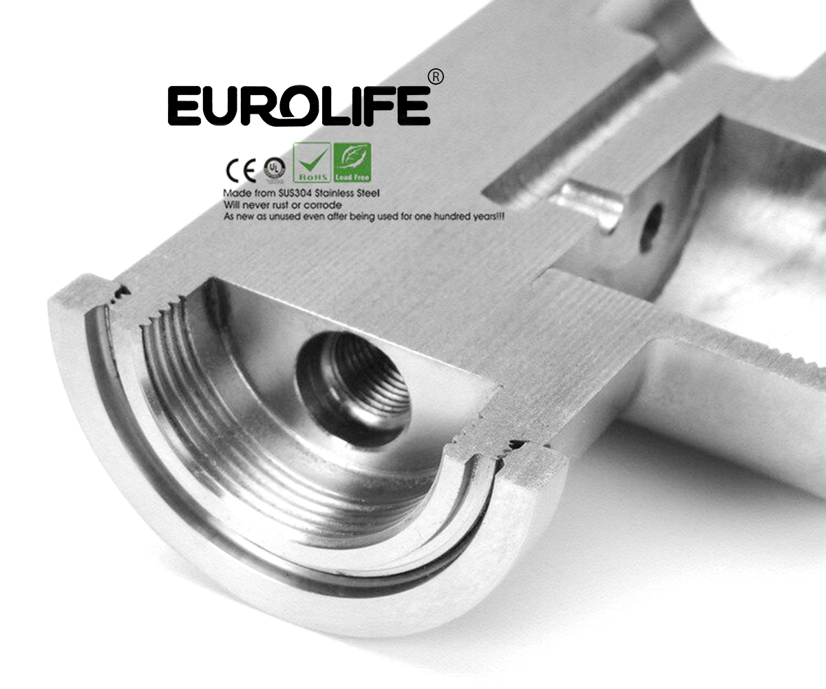 Hình minh họa chất liệu Inox SUS 304 của vòi rửa chén Eurolife EL-KM09, nhấn mạnh độ bền, khả năng chống ăn mòn và tính an toàn khi sử dụng.
