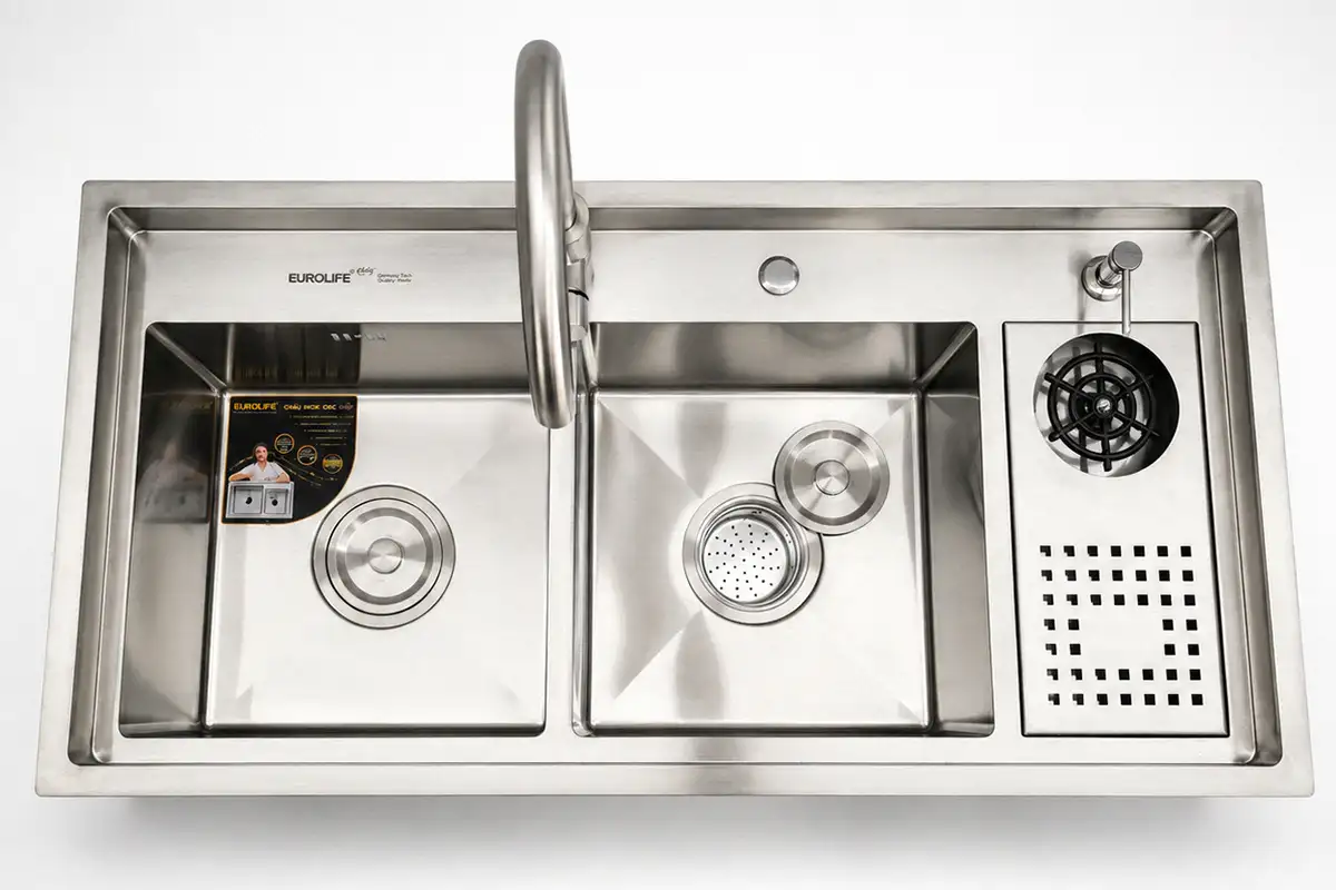 Chậu Eurolife EL-LS10050 thiết kế hai hộc cân kích thước 350 x 350 mm