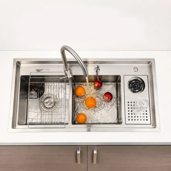 Chậu đúc Inox 304 Eurolife EL-LS10050 đa năng với 2 hộc và máy rửa ly