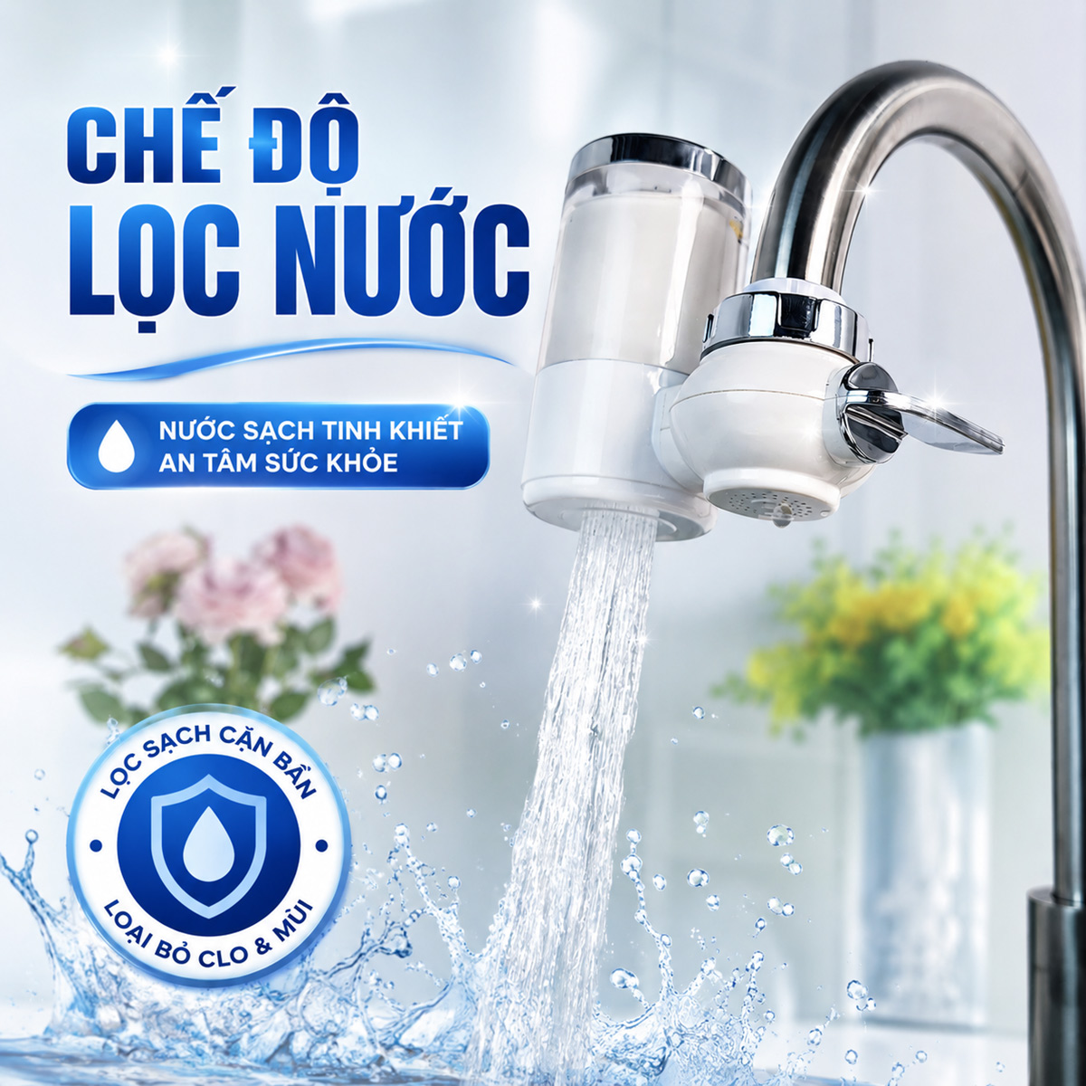 Hình ảnh chế độ lọc của máy lọc nước đầu vòi Eurolife EL-LS-D20, mô tả nước đi qua lõi lọc sứ khoáng nhiều cấp trước khi sử dụng.